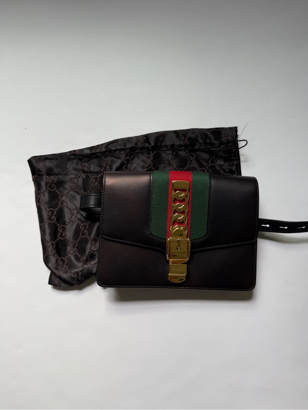 Gucci Black Leather Crossbody with Green & Red Stripe and Gold Chain Accent
